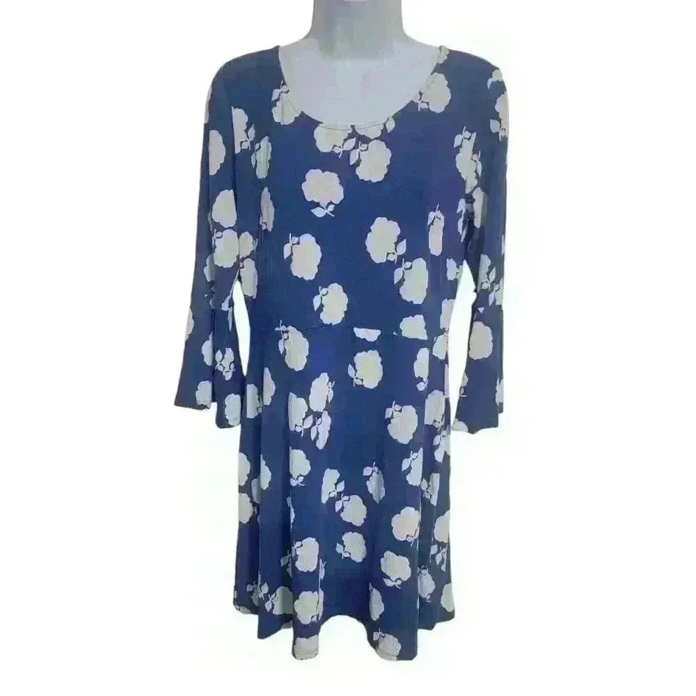 Boden Blue White Floral Jersey Dress Bell Sleeves Size 10R